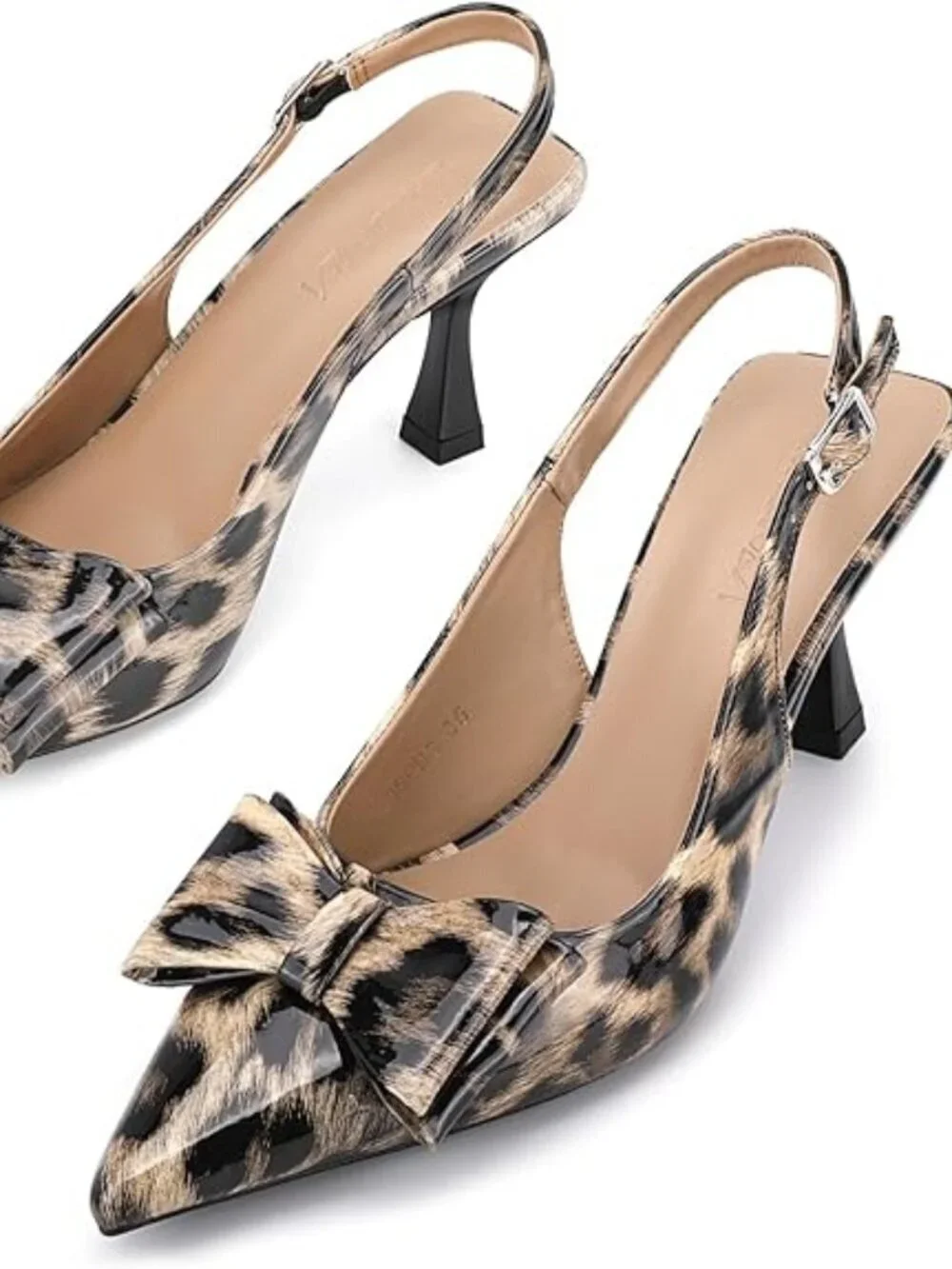 Women's Leopard Print Pointed Toe Slingback Kitten Heels Sandal Buckle Strap